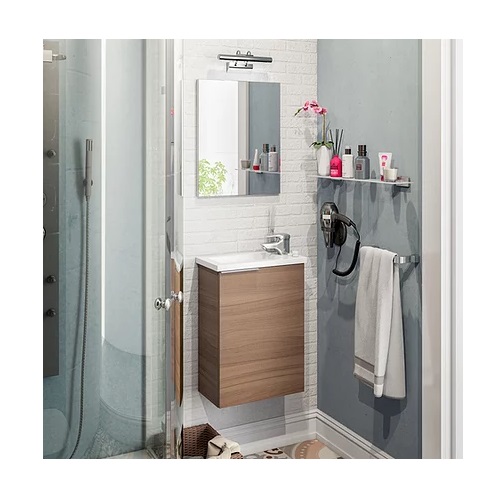 Rovere Bianco 55.6 cm L.40 x P.22.5 x H vasca reversibile completo di lavabo in ceramica specchio e mensola Mobile bagno sospeso salvaspazio compatto 