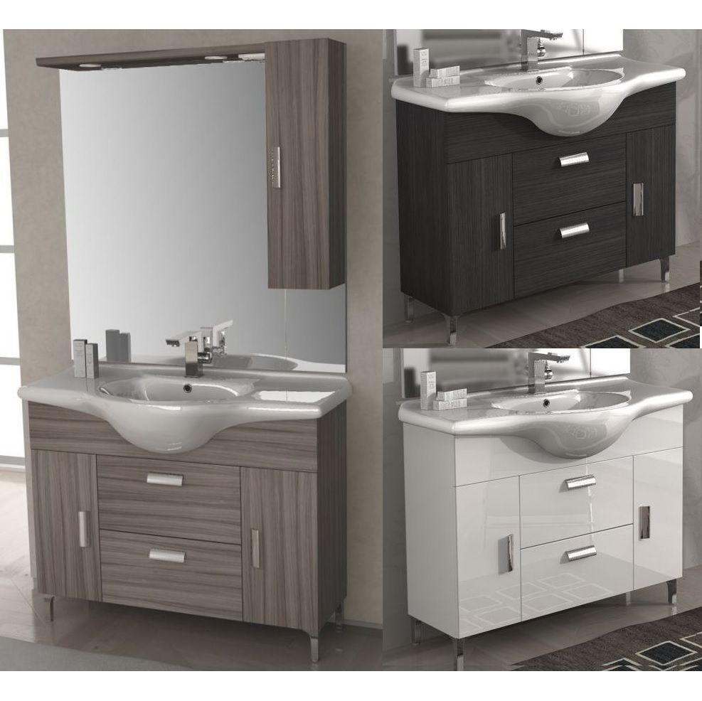 mobile bagno grey 85 105 cm con piedini bianco lucido larice wenge grigio specchiera con pensile e tettino