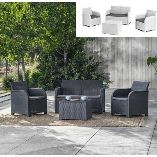 Salotto da esterno Agata con poltrone divano e tavolo struttura con effetto polirattan grafite o bianco