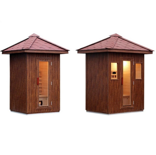 Sauna infrarossi 120x105 o 153x110 per esterno con irradianti in ceramica pannello di controllo con radio MP3 in legno Hemlock SN026