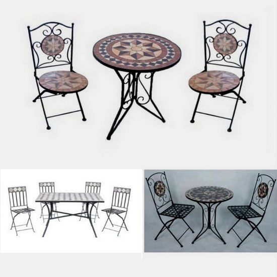 Arredo per esterno Jody tavolo con mosaico e sedie in ferro battuto pieghevoli per giardino rotondo o rettangolare