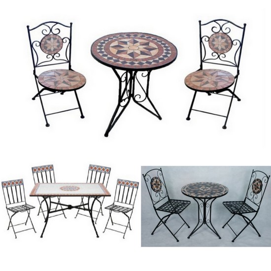 Arredo per esterno Jody tavolo con mosaico e sedie in ferro battuto pieghevoli per giardino rotondo o rettangolare