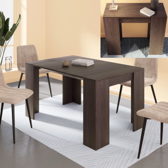 Tavolo allungabile in legno colore rovere scuro 3 configurazioni possibili 48x90 94x90 e 140x90 cm