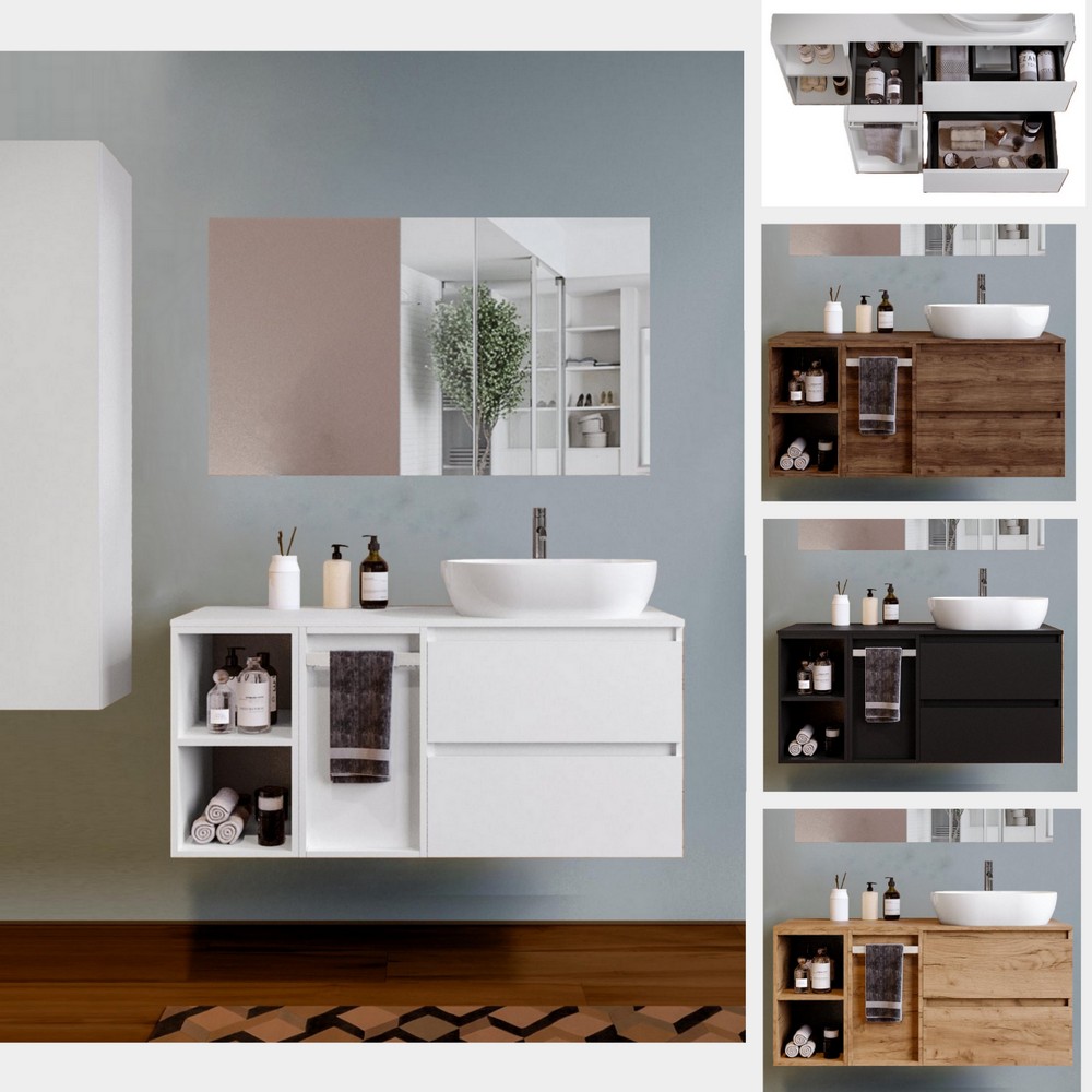 Base porta lavabo Tiger 120 cm in 4 colori con cassetti, vani e toletta specchio incluso