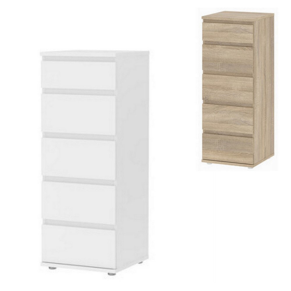 Cassettiera salvaspazio da 40x40xH107 cm bianca o rovere con 5 cassetti BM127