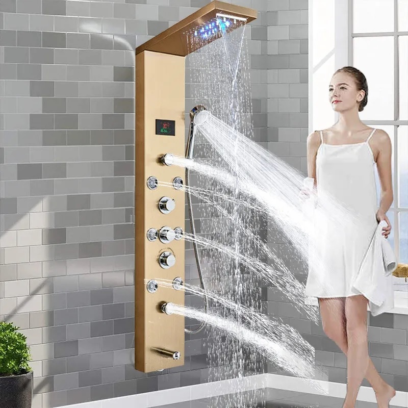 Colonna doccia idromassaggio 111x20 cm in acciaio inox colore oro e luci Led DC026