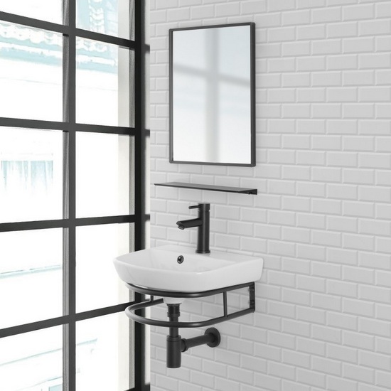 Mobile bagno Basic da 45x36 cm lavabo in ceramica con struttura in metallo nero specchio e mensola