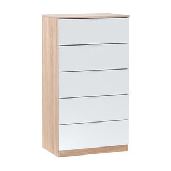Cassettiera bicolor da 60x40xH110 cm bianca e rovere con 5 cassetti BM112