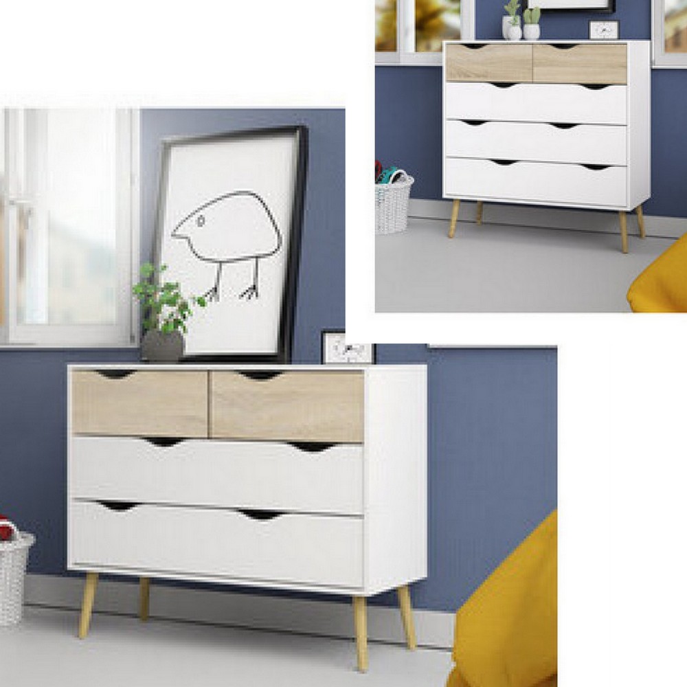 Cassettiera da 99x39 cm con 4 o 5 cassetti mobile bicolor bianco-rovere BM122