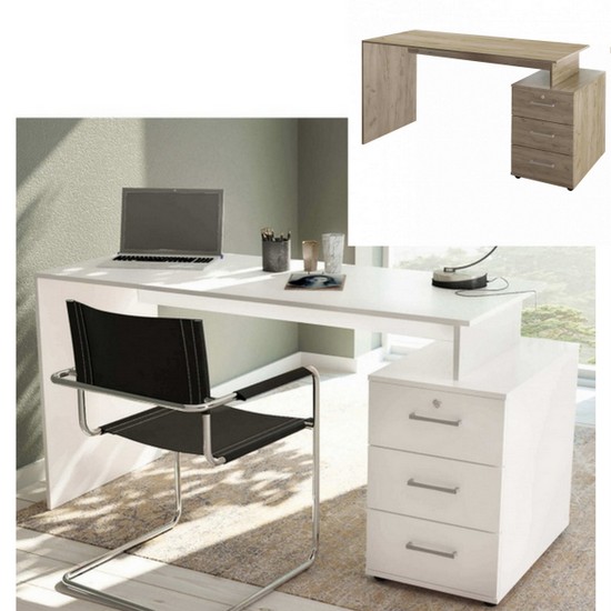 Scrivania bianca o olmo 139x60 cm con 3 cassetti per studio o uffici TL034