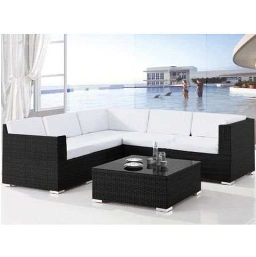 Arredo esterno Elga 253x83 salotto nero cuscini bianchi sofà tavolino in vetro stile moderno