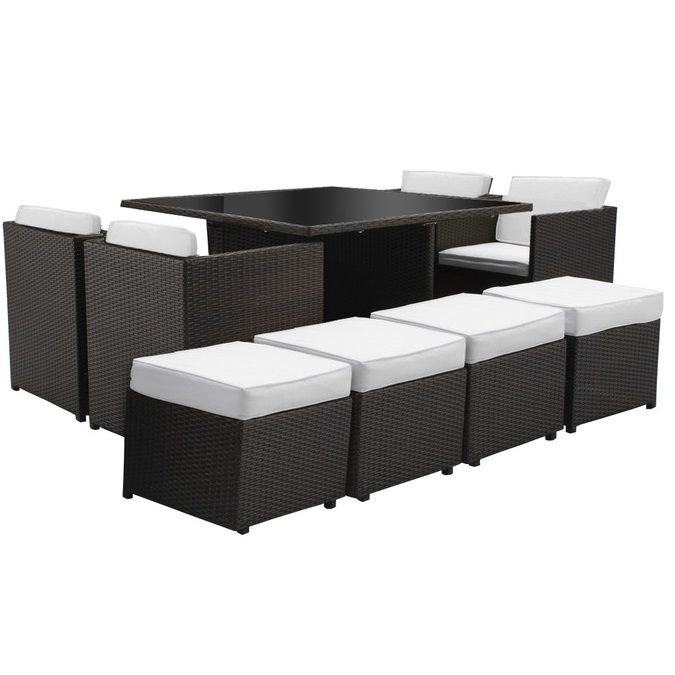 Arredo con Tavolo con sedie Beth quadrato nero cuscini bianchi pouf da 8 posti