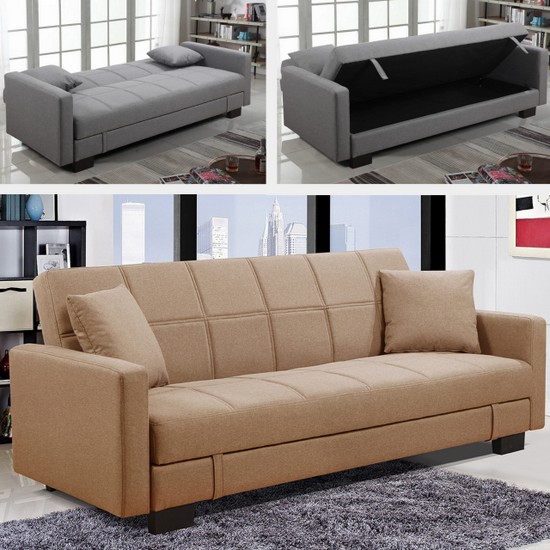 Divano letto Lucrezia con contenitore microfibra grigio o beige misure 198x105 cm