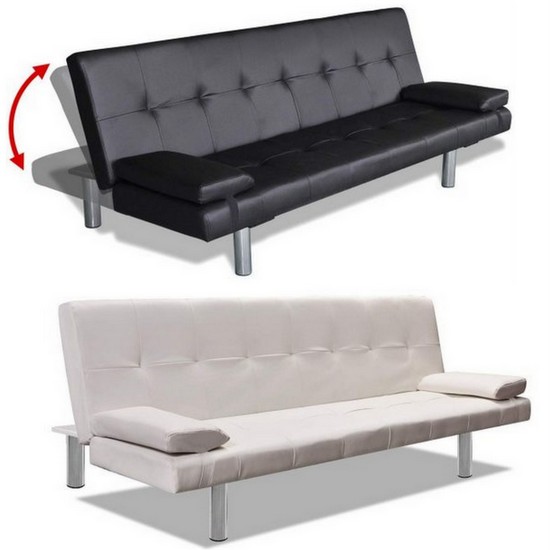 Divano letto Jenny 167x94x31 in ecopelle bianco o nero 3 posti con cuscini laterali antiribaltamento
