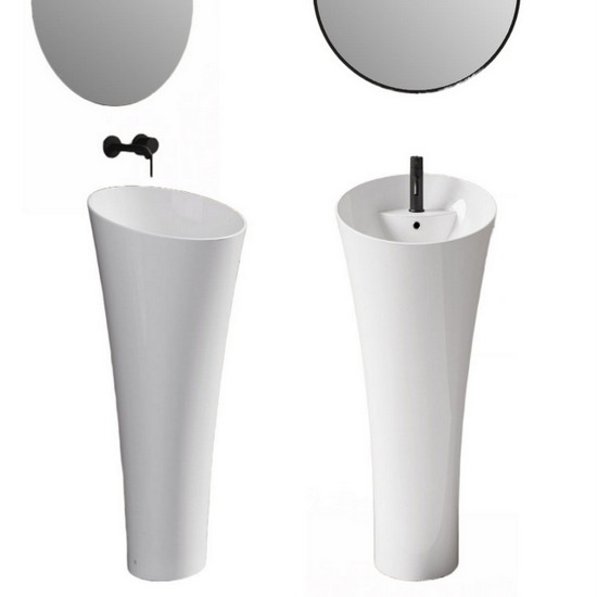 Lavabo freestanding ovale da 42 cm in ceramica bianco lucido altezza 95 cm con o senza foro per rubinetteria e troppopieno LAV75