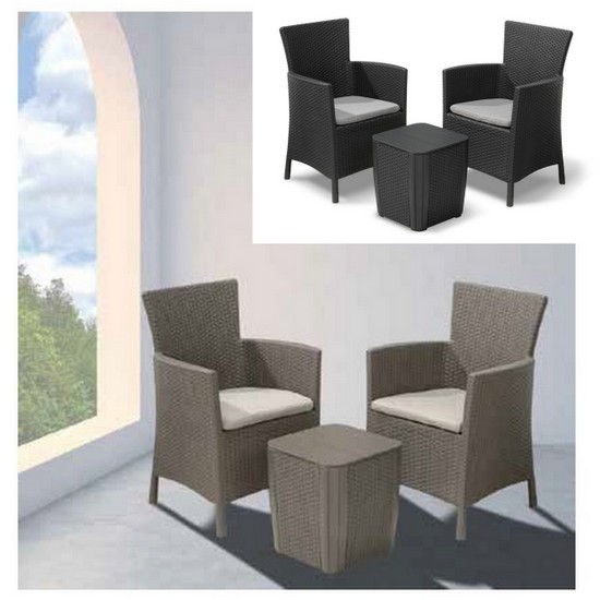 Poltrone da esterno con tavolo in resina effetto polirattan color cappucino o grafite modello GREG