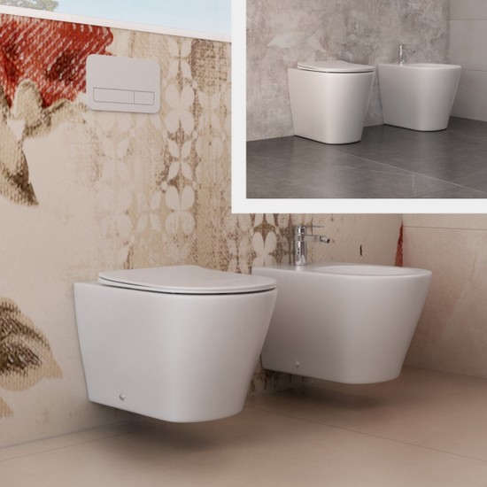 Sanitari Storm sospesi o a terra filomuro bidet e wc moderni con copriwater incluso